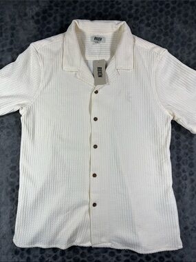 Ruxen Waffle-Knit Short-Sleeve Button-Down Shirt in Cream NEWWITHTAGS